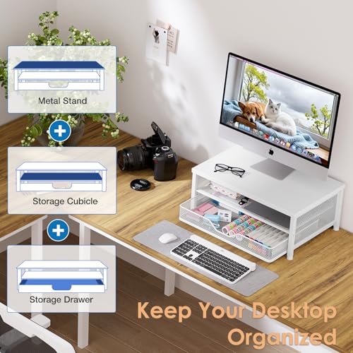 OPNICE Computer Monitor Stand Riser, Desk Organizer with Drawer, Printer & Laptop Stand, Office Desk Accessories & Workspace Desktop Organizers Storage for Office Supplies(White) - color: White