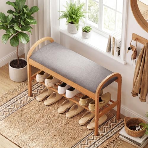 Giantex Shoe Rack Bench, Bamboo 2-Tier Entryway Bench with Padded Cushion, Shoe Storage Bench for Hallway, Closet, Foyer, Living Room, Bedroom, Mudroom - size: 12.5"D x 27.5"W x 20"H（Without Flip-Top Storage）