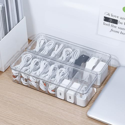 2 Pack Cable Organizer Box with Lid, Plastic Cord Storage Organizer with 8 Adjustable Compartments for Home Office Desk Drawer, Clear Phone Charger Bins - size: 2 Pack