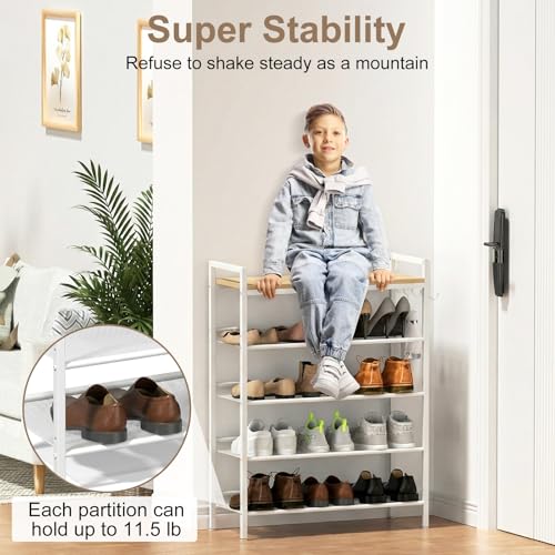 Refrze Shoe Rack for Front Door Entrance, 5 Tier Height-Adjustable Metal Shoe Rack, Sturdy Wooden Top and Tiltable Steel Frame Heavy Duty Shoe Organizer for Bathroom,Bedroom,Kitchen，Include Hook - color: Natural + White, size: 5-Tier (11.8"D x 29.1"Wx 38.