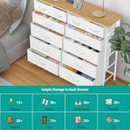 VASICAR Compact 12 Drawers Dresser for Bedroom, Fabric Storage Tower, Chest of Drawers with Retro Wood Top for Closet, Nursery, Living Room - color: Classic White