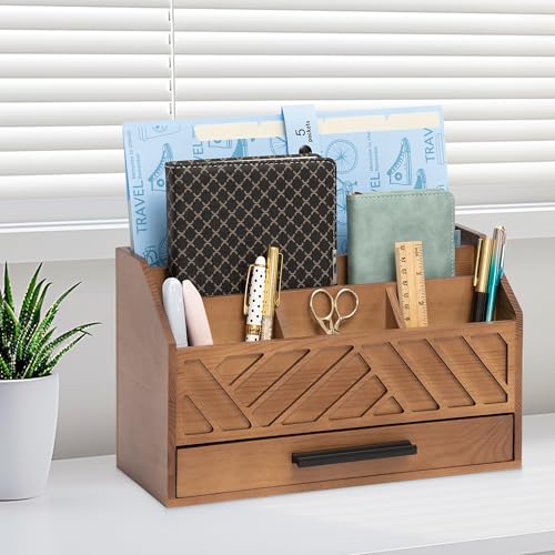dreampossible Brown Wood Desk Organizer and Accessories with Drawer, Bill Mail Organizer and File Mail Holder for Office Supplies, Modern Desk Accessories & Workspace Organizers for Desk Organization - color: Brown A