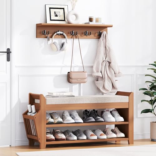 PETKABOO 31.5" Shoe Bench with Coat Rack Hidden Drawer and Side Holder, 2 Tier Entryway Bench with Storage 39.4 in, Bamboo Shoe Rack with Cushion for Entryway Hallway Living Room Bedroom - size: 31.5 in with Hook