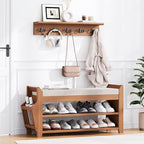 PETKABOO 31.5" Shoe Bench with Coat Rack Hidden Drawer and Side Holder, 2 Tier Entryway Bench with Storage 39.4 in, Bamboo Shoe Rack with Cushion for Entryway Hallway Living Room Bedroom - size: 31.5 in with Hook