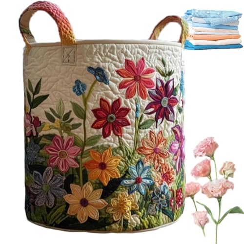 Quilted Laundry Basket with Handles, Boho Floral Fabric Storage Hamper, Large Soft Quilted Laundry Basket for Nursery, Bedroom, Laundry Room,Clothes & Toys (C, M) - color: C, size: M