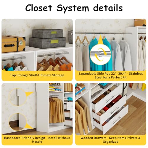 Closet System with 6 Drawers, Corner Closet Organizer System with 10 Hanging Rods Heavy Duty Walk in Wooden Modular Closet Storage System L-Shaped U -Shaped Freestanding 4 Sets 2500+ Lbs White - color: Cl07090912