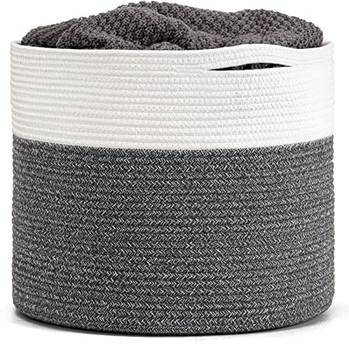 Goodpick Large Cotton Rope Basket, Blanket Basket Living Room 15.8"x15.8"x13.8" Baby Toy Storage, Woven Storage, Gray - color: White & Grey, size: 15.8x15.8x13.8 Inch (Pack of 1)