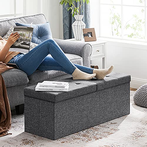 SONGMICS MAZIE Collection - 43 Inches Storage Ottoman, Foldable Storage Bench with Flipping Lid, 660 lb Load Capacity, for Entryway, Living Room, Bedroom, Dark Gray ULSF76GYZ - color: Dark Gray, size: 15"D x 43"W x 15"H