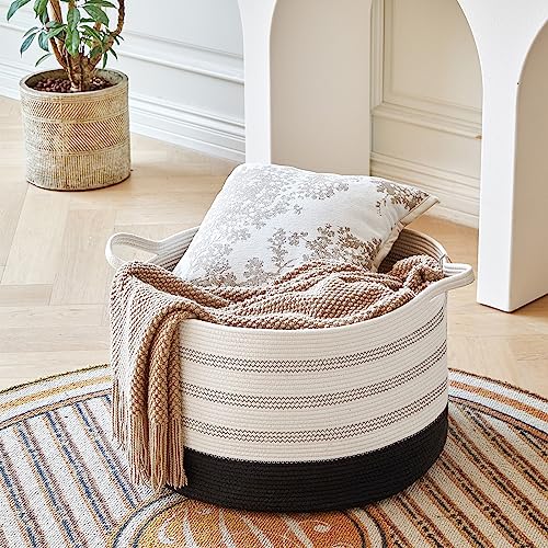 R RUNKA XXXLarge Cotton Rope Basket 22" X 22"X 14" Blanket Basket for Living Room Woven Basket Soft Baby Laundry Blanket Basket Nursery Bin Toy Basket with Handle White+Black - color: White+Black