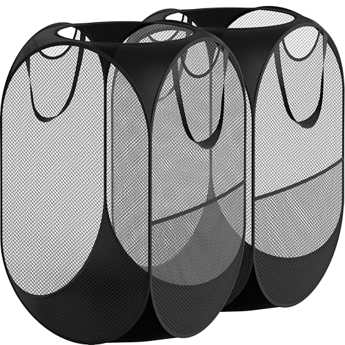 Simple Houseware Mesh Pop-Up Laundry Hamper Basket with Side Pocket, Black - 2 Pack - color: Black, size: 2 Pack