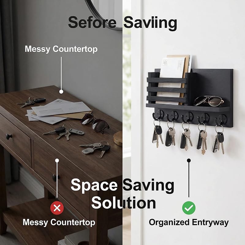 Wall Key and Mail Holder, Mail Organizer with 5 Metal Key Hooks, Selected Tung Wood, 11.8 x 6.7 inches, Includes mounting Hardware (Black) - color: Black