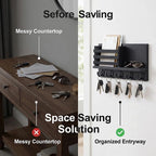 Wall Key and Mail Holder, Mail Organizer with 5 Metal Key Hooks, Selected Tung Wood, 11.8 x 6.7 inches, Includes mounting Hardware (Black) - color: Black