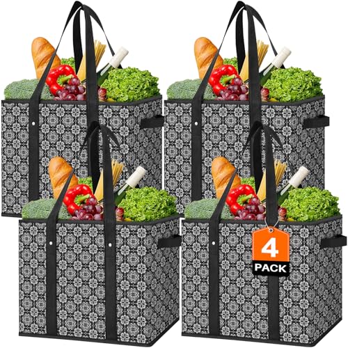 WISELIFE Reusable Grocery Bags [4 Pack],Large Grocery Tote Bag Water Resistant Shopping Bags Foldable Grocery Bag for Clothes,Shoes and Picnic,Black - color: Black, size: 4 PCS