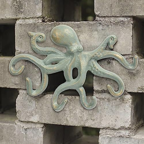 Octopus Iron Wall Hooks for Hanging, Rustic Decorative Hooks/Key Holder/Coat Hooks/Towel Hooks with 6 arms - Gold Green - color: Gold-Green