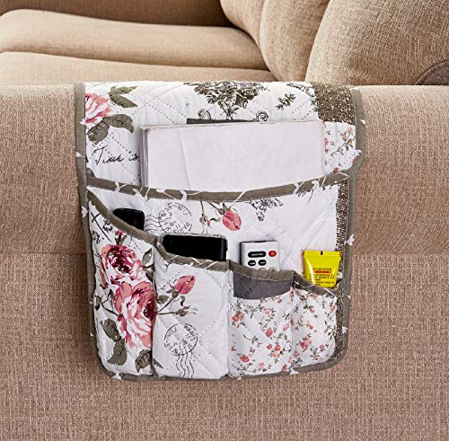 Brilliant Sunshine Rose and Toile Patchwork Couch Armrest 5 Pockets Organizer, Slip Resistant Armchair Caddy, Washable Remote Controls Holder, Storage for Magazine, Tablet, Phone, 35×13", Rose Grey - color: Rose Grey