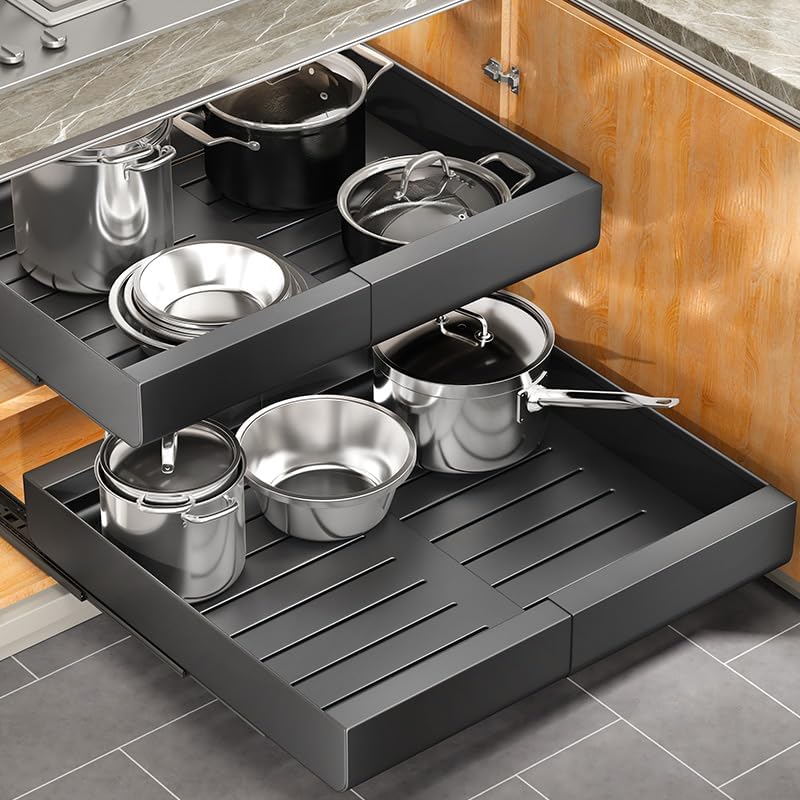 Kitstorack Pull out Cabinet Organizer, Expandable(12"-20") Heavy Duty Slide out Drawer Fixed with Adhesive Nano Film for Pots, Roll out Shelf Storage for Kitchen Base Cabinet Organization - color: Black, size: 17"D×12"-20"W(1 Pack)