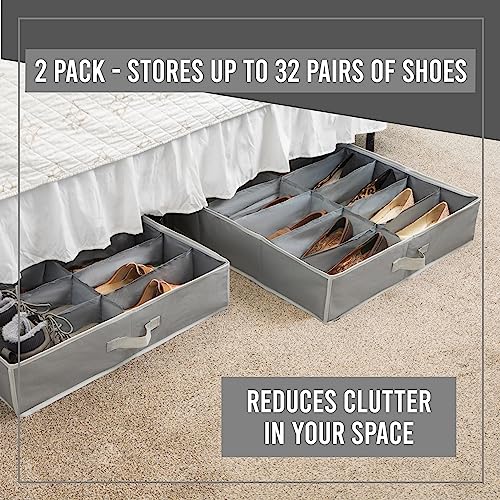 HOLDN' STORAGE Under Bed Shoe Organizer - Set of 2, Tear-Resistant 600D Material, Grey, Transparent Cover, Holds Up to 32 Pairs of Shoes - color: Grey, style: Set of 2