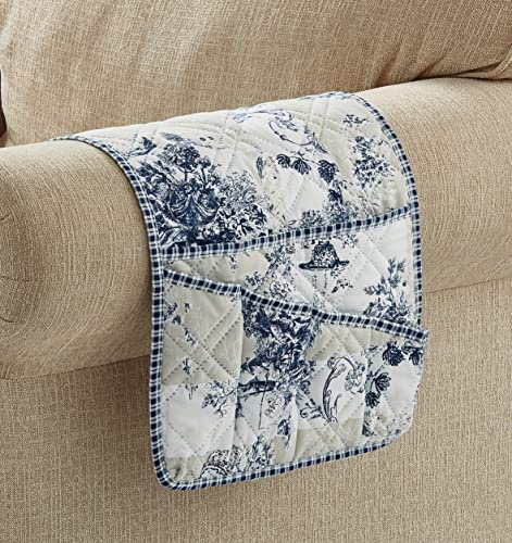 Brilliant Sunshine Blue Toile Couch Sofa Armrest 5 Pockets Organizer, Slip Resistant Recliner Armchair Caddy, Washable Remote Controls Holder, Storage for Magazine, Tablet, Phone, iPad, 35×13", Blue - color: Blue Beige