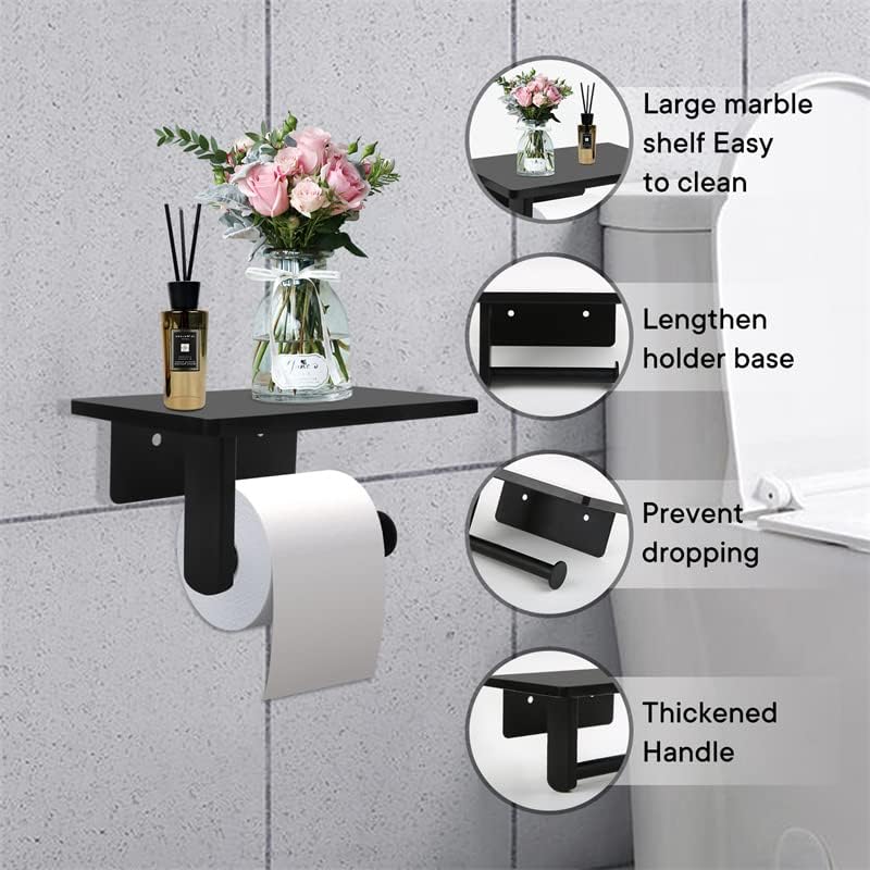 Toilet Paper Holder with Natural Marble Shelf for Bathroom Washroom,Wall Mounted Tissue Holder Suitable for Mega Roll (Middle 7.87 * 4.72 in, Black) - color: Black, size: Middle 7.87 * 4.72 in