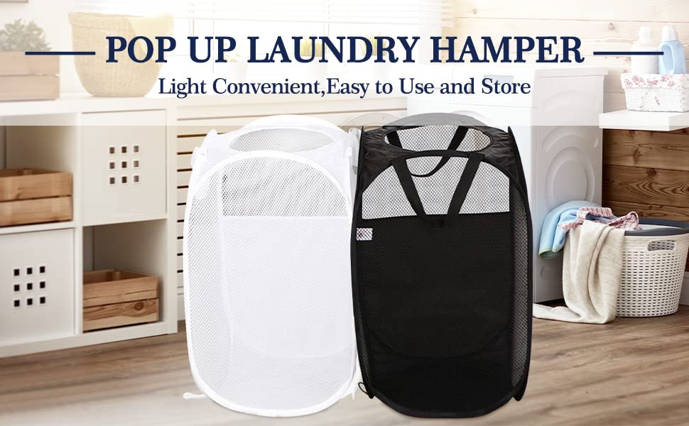 AQQA 2 Pcs Mesh Popup Laundry Hamper (Black/White),Mesh bags for washing laundry,Foldable Pop-up Mesh Hamper Dirty Clothes Basket for Kids Room, College Dorm or Travel - color: Black White, size: 24x14