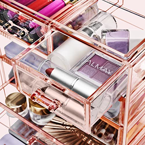 Sorbus Acrylic Makeup Organizer Set, 6-Drawer Vanity & Countertop Cosmetic Storage with Small & Wide Drawers, Pink Makeup Storage for Brushes, Lipsticks, Jewelry – Holiday Gift for Women & Teens - color: Pink, style: 4 Large, 2 Small Drawers