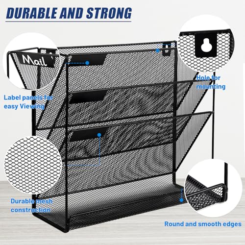 EASEPRES Desk File Organizer Mesh 4-Tier, Hanging Wall Mount Document Organization Stand, Desktop Vertical Mail Paper Folder Holder Rack with Bottom Tray for Office Home Cubicle Countertop, Black - color: Black, size: 4 Tier