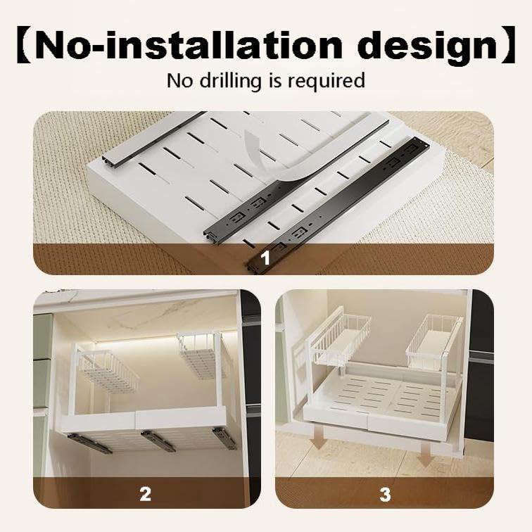 Under Cabinet Organizer Rack, White Metal 2-Tier Storage Shelf, Expandable 32-52cm Width, Modern Style, Kitchen Counter Organization with Hardware