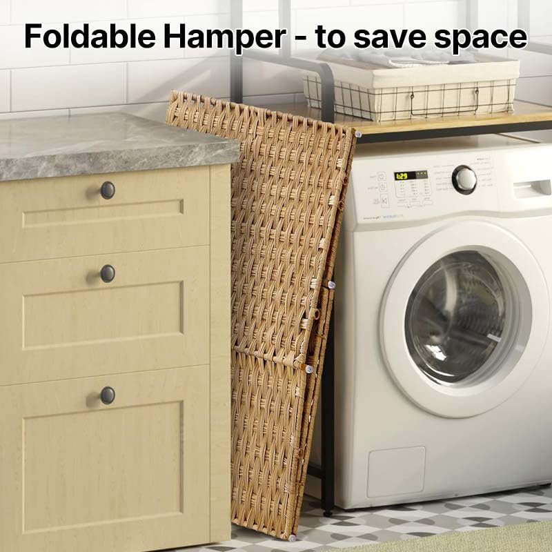 Greenstell Laundry Hamper No Install Needed, Divided Clothes Hamper with 2 Removable Liner Bags, 90L Handwoven Synthetic Rattan Laundry Basket with Lid and Handles, Foldable Natural - color: Natural, size: 90L (18.3x13.3x24.0 Inches)