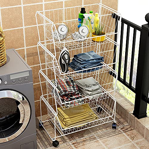 PUSDON 4-Tier Large Stackable Wire Storage Baskets with Wheels, Metal Rolling Utility Cart Organizer, Produce Basket for Kitchen Pantry, Floor Shelf, Classic White - color: White, size: 4 Tier Plus