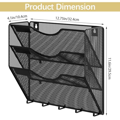EasyPAG 3 Pocket Mesh Wall File Organizer with Key Hooks, Hanging Paper Folder Holder with Classify Label, Vertical Wall Mount Mail Organizer for Office Home Classroom, Black - color: Black with Hooks, size: 3 Tier