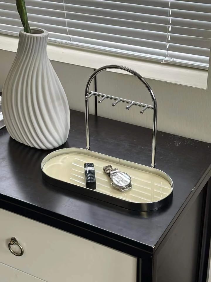 Shinpuru Metal Jewelry Organizer Stand & Key Holder Tray with Acrylic Base, Key Stand and Jewelry Tray with 5 Hooks, Perfect Key Bowl, Valet Key Tray, Ring Holder, Jewelry Dish (Silver Creamy) - color: Silver Creamy