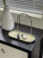 Shinpuru Metal Jewelry Organizer Stand & Key Holder Tray with Acrylic Base, Key Stand and Jewelry Tray with 5 Hooks, Perfect Key Bowl, Valet Key Tray, Ring Holder, Jewelry Dish (Silver Creamy) - color: Silver Creamy