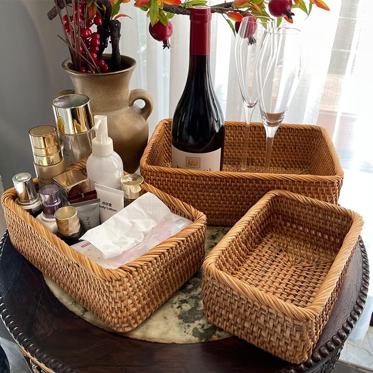 Natural Rattan Storage Baskets, Rectangular Woven Fruit Baskets, Decorative Wicker Basket and Small Baskets for Organizing (Set of 3)