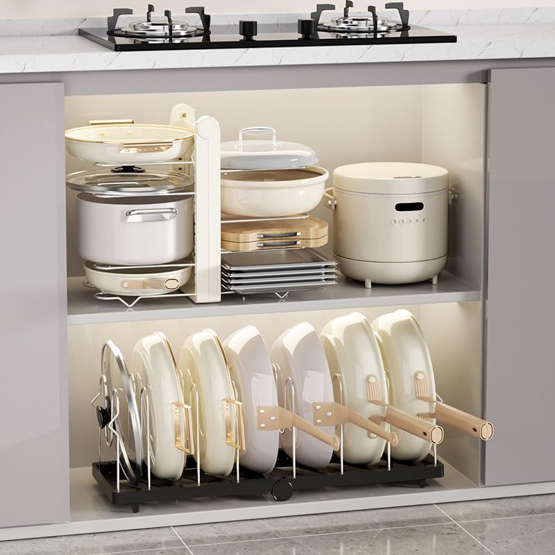 Pots and Pans Organizer under Cabinet,15.35" Height 8 Tier Pot Organizers Rack,Heavy-Duty Pot & Pan Organizer,Adjustable Pan Organizer under Cabinet Kitchen Organization and Storage,Black - color: Black