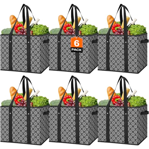 WISELIFE Reusable Grocery Bags [6 Pack],Large Grocery Tote Bag Water Resistant Shopping Bags Foldable Grocery Bag for Clothes,Shoes and Picnic,Black - color: Black, size: 6 PCS