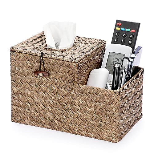 Sumnacon Tissue Box Cover Square Tissue Box Woven Seagrass Tissue Box Holder with Side Organizer, Rustic Tissue Holder for Living Room Bathroom Bedroom Kitchen Office Table Desk, Coffee - color: Coffee