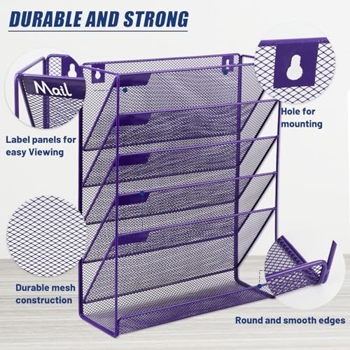 EASEPRES Desk File Organizer Mesh 6-Tier, Hanging Wall Mount Document Organization Stand, Desktop Vertical Mail Paper Folder Holder Rack with Bottom Tray for Office Home Cubicle Countertop, Purple - color: Purple, size: 6 Tier