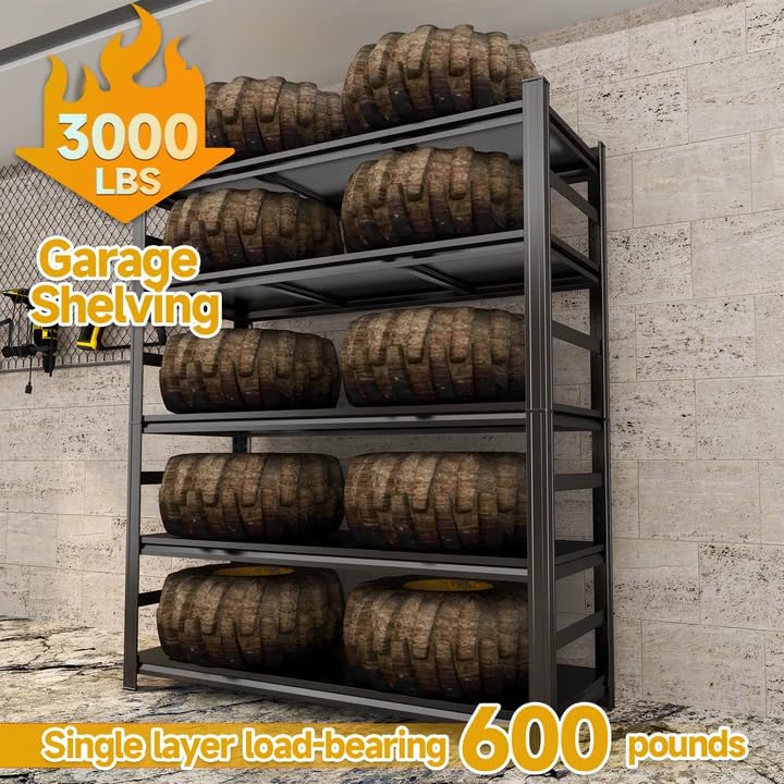 Garage Shelving Heavy Duty, 5-Tier Storage Shelves, 62" H Adjustable Metal Shelving Unit, 3000 lbs, Utility Garage Organizer Shelf for Basement, Kitchen, Pantry, Warehouse, Black - size: 46"W x 19"D x 62"H