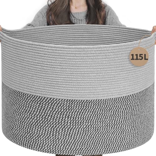 INDRESSME 115L Extra Large Blanket Basket, Cotton Rope Basket for Nursery Living Room, Decorative Woven Storage Baskets with Handles for Dirty Clothes, Toy Bin For Dog Toys, Grey - color: Light & Dark Grey, size: 23.6"D x 15.7"H