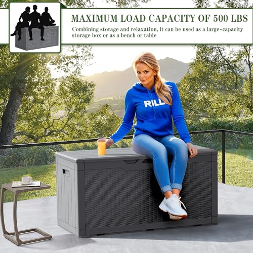 Greesum 100 Gallon Resin Deck Box Large Outdoor Storage, Imitation Rattan Weave Texture for Patio Furniture, Garden Tools, Pool Supplies, Weatherproof and UV Resistant, Lockable, Gray - color: Gray, size: 100 Gallon