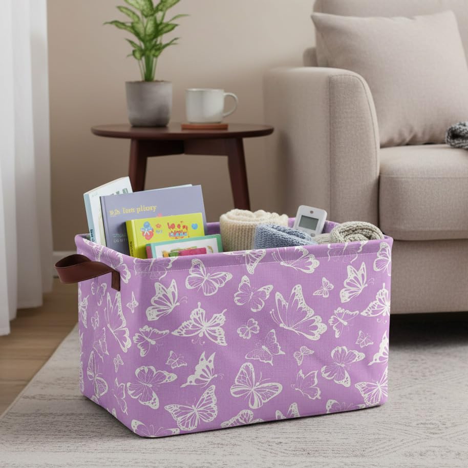 Purple Butterfly Storage Basket Waterproof Canvas Toy Storage Bin Decorative Collapsible Outdoor Basket with Leather Handles Purple Gifts Basket For Closets,Bedrooms,Home,Bathroom - color: Purple Butterfly