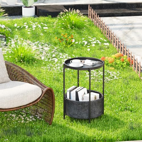 Garden 4 you Small Side Table, Mini Round End Table, Black Tray Table with Fabric Storage Basket, Modern Nightstand for Living Room, Bedroom, Patio, Small Space, 2pcs - color: Black With Basket, size: 2 PCS