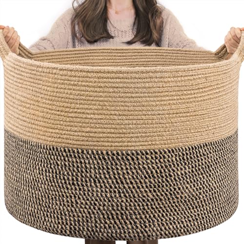 INDRESSME Extra Large Woven Baskets for Storage, 21.7 x 13.8 Blanket Basket Living Room Wicker Storage Basket for Organizing Woven Laundry Baskets for Toy Pillow Shoe, Entryway, Black Jute - color: Black & Jute, size: 21.7"D x 13.8"H