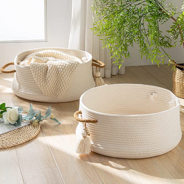 KAKAMAY Woven Baskets for Storage(16"x8"),Blanket Basket for Organizing Living Room,Cotton Rope Basket Woven Baby Laundry Hamper,Collapsible Laundry Room Organization,Clothes,Toy Chest(White) - color: White