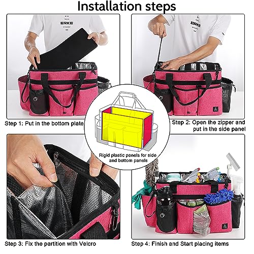 Large Cleaning Caddy Bag Built-in Sturdy Support Board, Cleaning Organizer with Detachable Divider, Cleaning Supply Tote with Adjustable Shoulder Strap&Waist Belt for Cleaners & Housekeeper - color: Rose Red