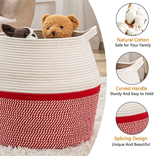 KAKAMAY Woven Baskets for Storage(17"x17"),Large Cotton Rope Woven Baby Laundry Hamper,Collapsible Laundry Basket, Blanket Basket for Organizing Living Room,Nursery,Pillows,Toy Chest(Red) - color: Red