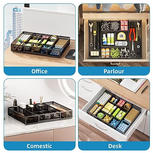 Marbrasse Expandable Desk Drawer Organizer, Mesh Drawer Organizer Tray with 10 Adjustable Compartments, Desk Organizers and Accessories, 5 Dividers Drawer for Office Supplies, Makeup & Vanity (Black) - color: Expandable-Black