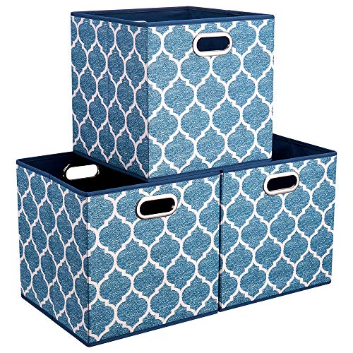 Collapsible Cloth Cubes Storage Bins Baskets Box Medal Pattern 13 x13 x13 Inches - Pack of 3,QY-SC02-3 - color: Cream Navy Blue