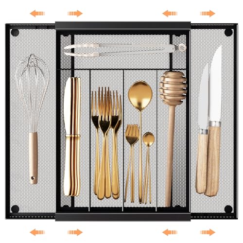 Sedegn Silverware Organizer Metal Mesh, Drawer Organizer, Utensil Cutlery Tray for kitchen drawers,Expandable Flatware Organizer with 7 Compartment Black 9.6"~16.1" x 13.8" - color: Black, size: Expandable 9.6"~16.1" x 13.8"