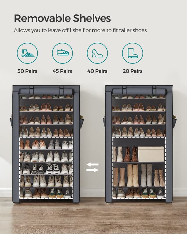 SONGMICS 10-Tier Shoe Rack, Shoe Storage Cabinet with Dustproof Cover, Free-Standing Shoe Storage Organizer for Closet, Entryway, Hold 40-50 Pairs of Shoes, for Sneakers, High Heels, Gray URXJ36G - color: Grey, size: 10 Tiers (33.1"W)